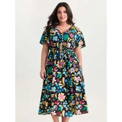 Bloomchic Women's Plus Size Bright Floral Print Flared Sleeve Midi Dress Cerulean Floral Midi Casual Button Fr In Blue
