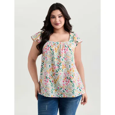 Bloomchic Women's Plus Size Bright Floral Print Flutter Sleeve Blouse Multicolor Ditsy Floral Casual Cap Sleev