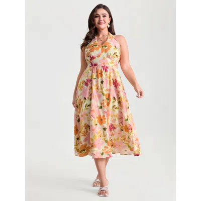 Bloomchic Women's Plus Size Bright Floral Print Halter Midi Dress Multicolor Ditsy Floral Midi Elegant Tie Kno