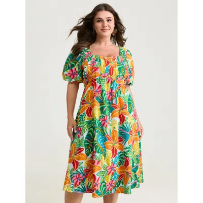 Bloomchic Women's Plus Size Bright Floral Print Pleated Bodice Midi Dress Multicolor Floral Midi Vacation Tuck