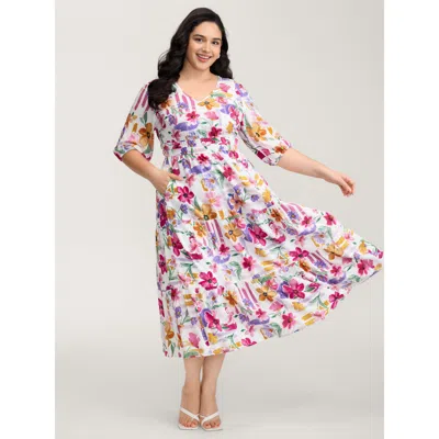 Bloomchic Women's Plus Size Bright Floral Print Pleated Waist Maxi Dress Multicolor Floral Maxi Elegant 30/6x