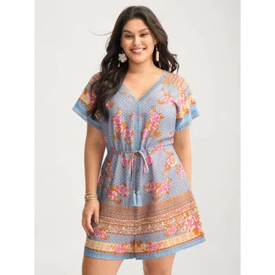 Bloomchic Women's Plus Size Bright Floral Print Waist-tie Romper Multicolor Vacation No Stretch 30/6x