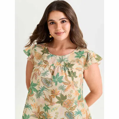 Bloomchic Women's Plus Size Bright Floral Texture Open-back Blouse Champagne Tropical Vacation Cap Sleeve 10/m In Gold