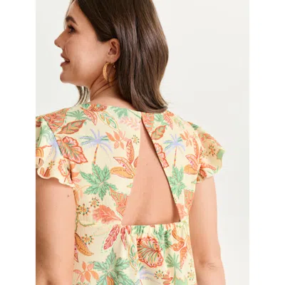 Bloomchic Women's Plus Size Bright Floral Texture Open-back Blouse Ivory Tropical Vacation Cap Sleeve 22-24/3x In White
