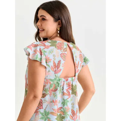 Bloomchic Women's Plus Size Bright Floral Texture Open-back Blouse Lightblue Tropical Vacation Cap Sleeve 12/l In Blue
