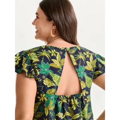 Bloomchic Women's Plus Size Bright Floral Texture Open-back Blouse Moss Tropical Vacation Cap Sleeve 30/6x In Green