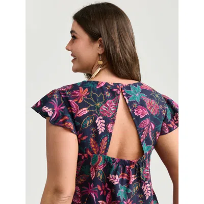 Bloomchic Women's Plus Size Bright Floral Texture Open-back Blouse Multicolor Tropical Vacation Cap Sleeve 10/