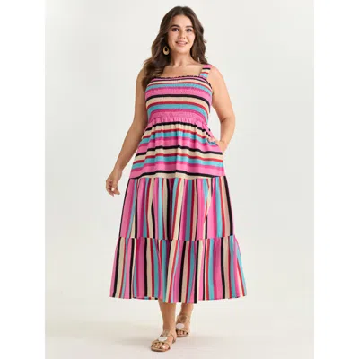 Bloomchic Women's Plus Size Bright Striped Print Wide Straps Maxi Dress Multicolor Stripes Maxi Vacation Smock