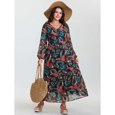 Bloomchic Women's Plus Size Bright Tropical Floral Print Drawstring Maxi Dress Black Tropical Maxi Vacation La