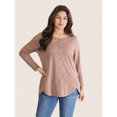 Bloomchic Women's Plus Size Broderie Anglaise Button Detail Arc Hem T-shirt Dustypink Dailywear Long Sleeve 22 In Pink