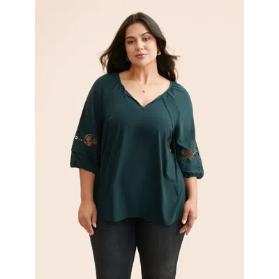 Bloomchic Women's Plus Size Broderie Anglaise Gathered Tie Knot Blouse Darkgreen Non Vacation 3/4 Sleeve 12/l In Green