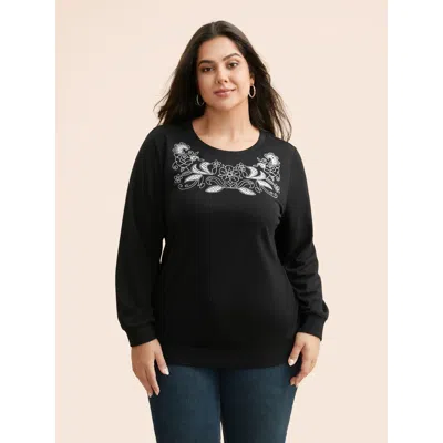 Bloomchic Women's Plus Size Broderie Anglaise Round Neck Sweatshirt Black Everyday 12/l