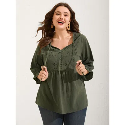 Bloomchic Women's Plus Size Broderie Anglaise Tie Knot Lantern Sleeve Blouse Armygreen Non Vacation 3/4 Sleeve