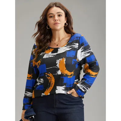 Bloomchic Women's Plus Size Brush Print Contrast Round Neck T-shirt Black Dailywear Long Sleeve 10/m