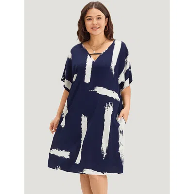 Bloomchic Women's Plus Size Brush Print Keyhole Pocket Dolman Sleeve Dress Indigo Dailywear Printed 10/m In Purple