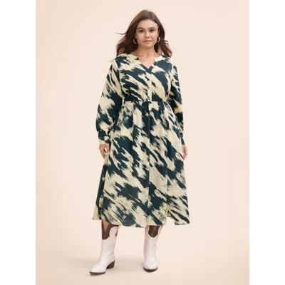 Bloomchic Women's Plus Size Brush Print Notched Collar Midi Dress Darkslategray Geometric Midi Office Colorblo