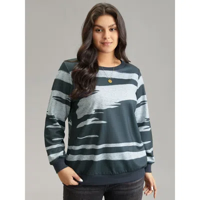 Bloomchic Women's Plus Size Brush Print Rib Knit Contrast Sweatshirt Multicolor Striped Dailywear 18-20/2x