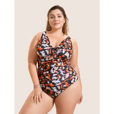 Bloomchic Women's Plus Size Brush Print Ties Tassel One Piece Swimsuit Multicolor Animal Motif Non Adaptive-fi