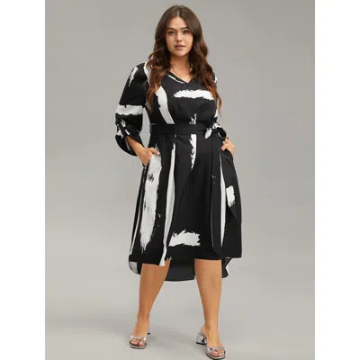 Bloomchic Women's Plus Size Brush Print V Neck Belted Tab Sleeve Dress Blackflower Office Belted 28/5x