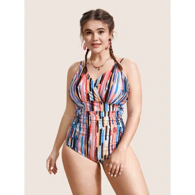 Bloomchic Women's Plus Size Brush Print Wrap Ruched One Piece Swimsuit Multicolor Stripes Colorblock Adaptive-