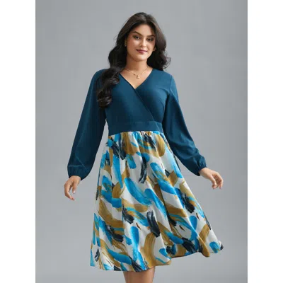 Bloomchic Women's Plus Size Brush Stroke Print Contrast Spliced Dress Aegean Geometric Midi Everyday Patchwork In Blue
