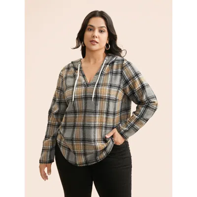 Bloomchic Women's Plus Size Brushed Fabric Plaid Hooded Sweatshirt Darkgray Casual 14-16/1x In Gray
