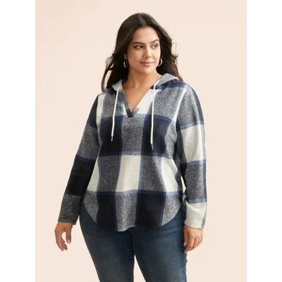 Bloomchic Women's Plus Size Brushed Fabric Plaid Hooded Sweatshirt Indigo Casual 10/m In Purple