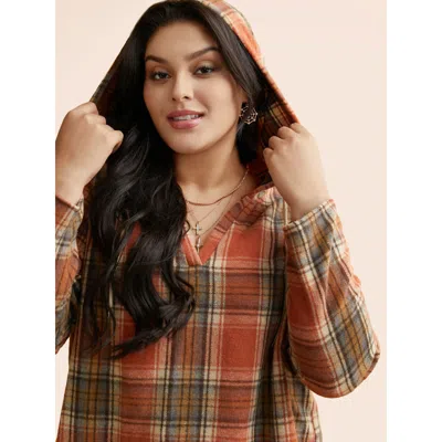 Bloomchic Women's Plus Size Brushed Fabric Plaid Hooded Sweatshirt Rust Casual 12/l In Brown