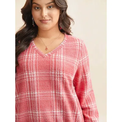 Bloomchic Women's Plus Size Brushed Plaid V-neck Sweatshirt Brightred Not Graphics Everyday V-neck 12/l