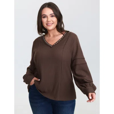 Bloomchic Women's Plus Size Brushed Waffle Rivet Neckline Sweatshirt Darkbrown Casual 10/m In Brown
