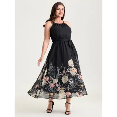 Bloomchic Women's Plus Size Budding Romance Halter Neck Stretchy Waist Midi Dress Black Floral Midi Elegant Ti