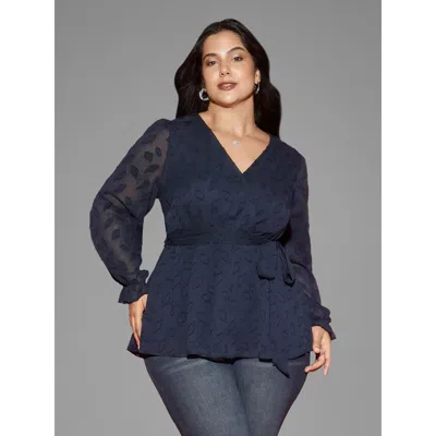 Bloomchic Women's Plus Size Burn-out Fabric Surplice Neckline Shirt Indigo Non Party Long Sleeve 26/4x In Purple