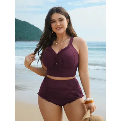 Bloomchic Women's Plus Size Bust Knot-tie Ruffle Trim Supportive Bikini Top Plum Solid Sleeveless Ruffles 10/m In Purple