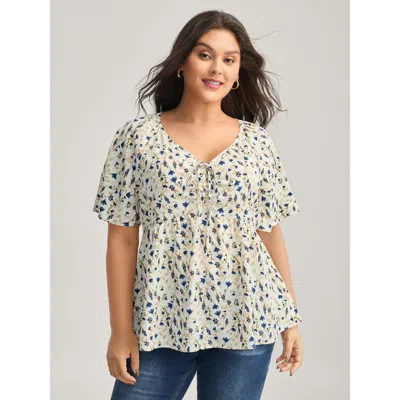 Bloomchic Women's Plus Size Bust-comfort Floral Print Tie Blouse Multicolor Ditsy Floral Elegant Short Sleeve 