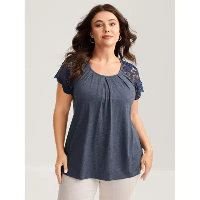 Bloomchic Women's Plus Size Bust-comfort Lace Cut-out Top Darkblue Short Sleeve Elegant Round Neck 10/m In Blue