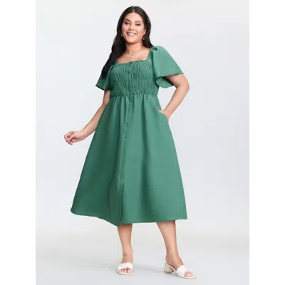 Bloomchic Women's Plus Size Bust-friendly Flared Sleeve Midi Dress Emerald Synthetic Texture Midi Elegant Text In Green