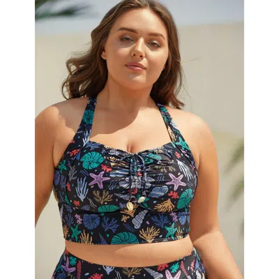 Bloomchic Women's Plus Size Bust-friendly Ties Shell Print Swim Top Multicolor Ocean Print Sleeveless Ruched A