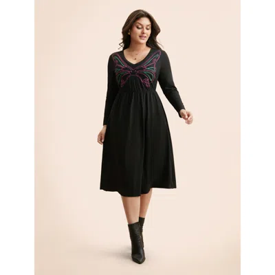 Bloomchic Women's Plus Size Butterfly Embroidered V Neck Midi Dress Black Non Midi Casual Embroidered 10/m