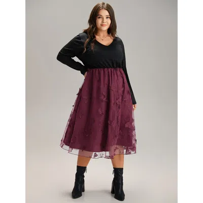 Bloomchic Women's Plus Size Butterfly Graphic Patchwork Mesh Dress Burgundy Going Out See Through 28/5x