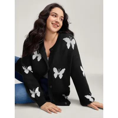 Bloomchic Women's Plus Size Butterfly Jacquard Pattern Knit Cardigan Black Long Sleeve 12/l
