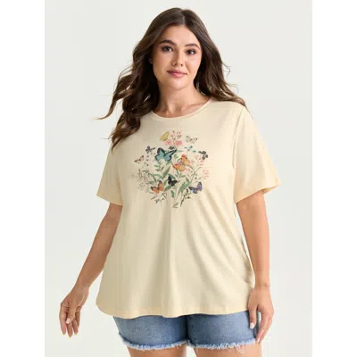 Bloomchic Women's Plus Size Butterfly Print Flared Sleeve T-shirt Beige Solid Casual Short Sleeve Round Neck 1 In Sand