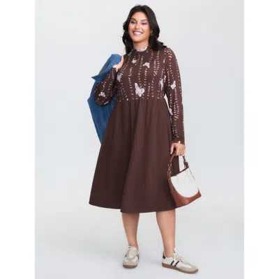 Bloomchic Women's Plus Size Butterfly Print Mockneck Midi Dress Browncoffeecolor Floral Midi Casual 10/m