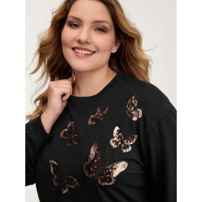 Bloomchic Women's Plus Size Butterfly Sequin Embroidery Relaxed-fit Sweatshirt Black Casual 14-16/1x