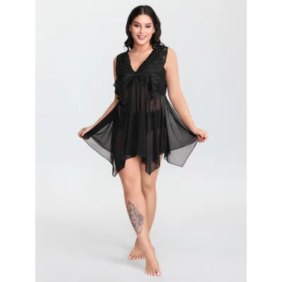 Bloomchic Women's Plus Size Butterfly Sheer Asymmetrical Hem Nightgown Black Sleeveless Mini Deep V-neck 14-16