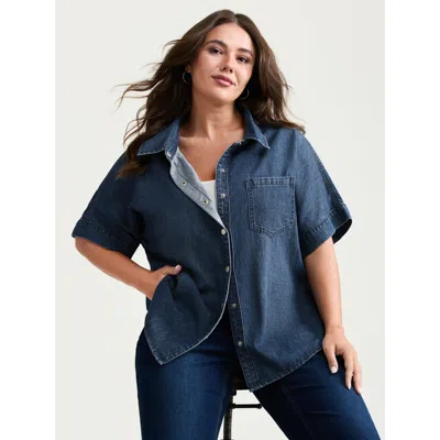 Bloomchic Women's Plus Size Button Detail Collar Pocket Denim Top Darkindigo Short Sleeve Casual 22-24/3x In Purple