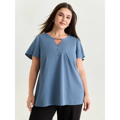 Bloomchic Women's Plus Size Button Detail Metal Loop Neckline Blouse Stone Solid Office Short Sleeve V-notch N In Gray