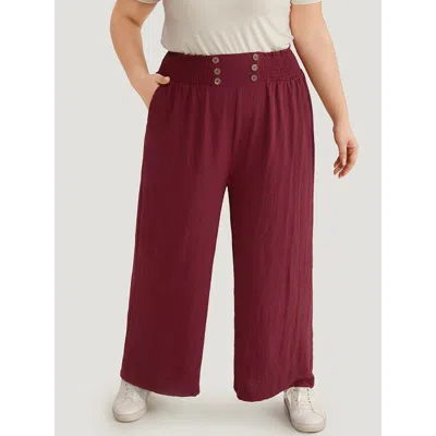 Bloomchic Women's Plus Size Button Detail Shirred Wide Leg Pants Burgundy High Rise Going Out 10/m