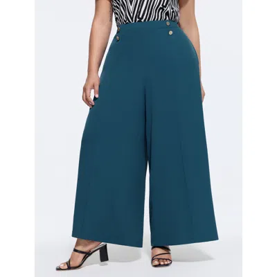 Bloomchic Women's Plus Size Button Detail Waistband Wide Leg Pants Teal Solid Wide Leg Mid Rise Office 12/l In Blue