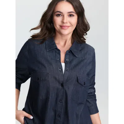 Bloomchic Women's Plus Size Button Down Chest Flaps Denim Shirt Darkindigo Not Graphics Long Sleeve Non Casual In Purple
