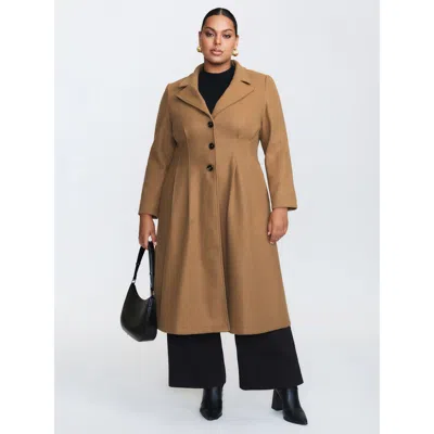 Bloomchic Women's Plus Size Button Front Pleated Plain Coat Tan X-line 12/l In Brown